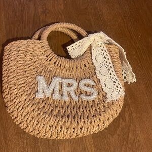 Handcrafted Tan Straw Bag with Lace Accent